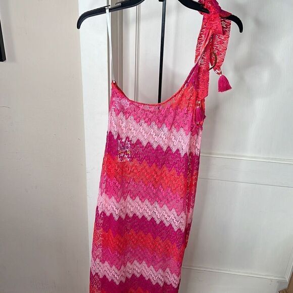 Trina Turk CASCADE CROCHET ASYMMETRICAL MAXI DRESS/Cover Up Pink Medium - Picture 7 of 8